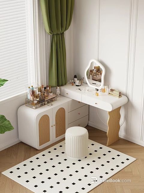 Modern White Dressing Table With Stylish Mirror Cosmetic Organizers White Stool Green Curtain Window Interior 3d model 