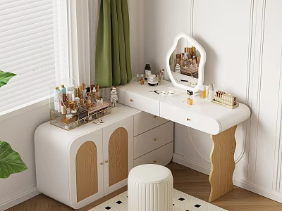 Modern White Dressing Table With Stylish Mirror Cosmetic Organizers White Stool Green Curtain Window Interior 3d model