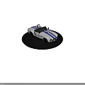 White Convertible Sports Car With Blue Racing Stripes On Black Circular Display Platform