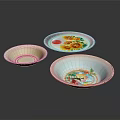 Tableware Set with Three Bowls Beige Floral and Fish Patterns for Home Kitchen 3d model