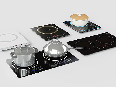 Modern Kitchen Induction Cooktops With Various Pans And Lids On 3d model