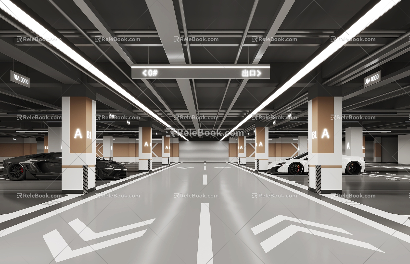 Modern underground garage, indoor parking lot, anti-collision sign 3d model