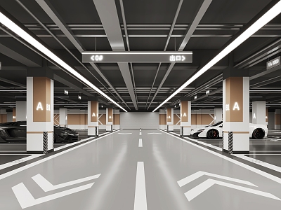 Modern underground garage, indoor parking lot, anti-collision sign model