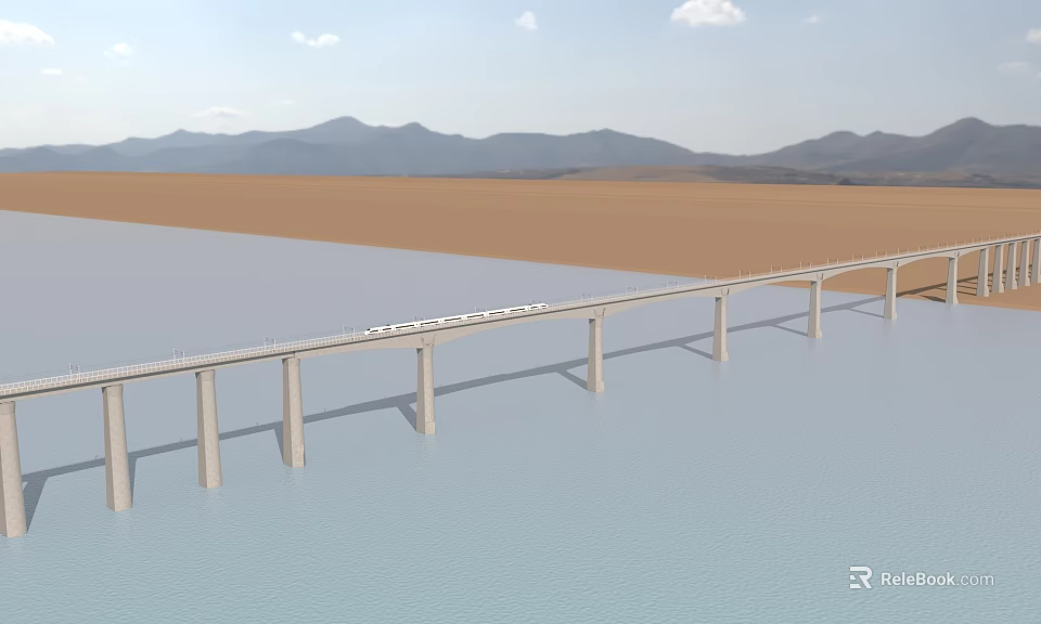 Modern Long Bridge Spanning Blue Water Over Brown Desert With Distant Mountain Range Scenery 3d model 