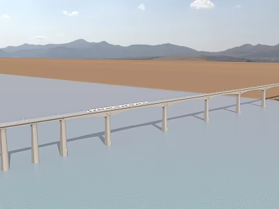 Modern Long Bridge Spanning Blue Water Over Brown Desert With Distant Mountain Range Scenery 3d model