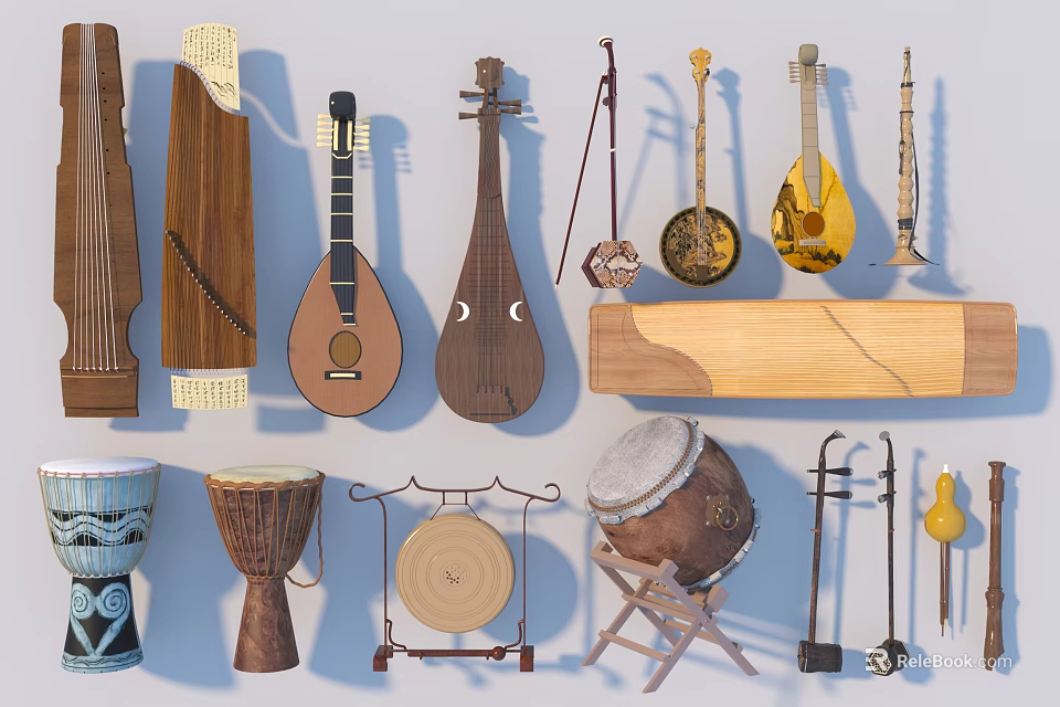Traditional Handmade Musical Instruments and Art Supplies with Lutes Drums and Easel Tools 3d model 