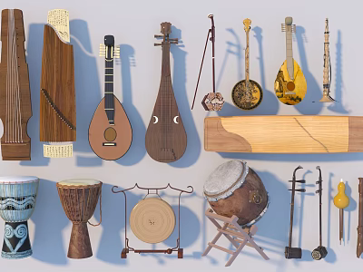 Traditional Handmade Musical Instruments and Art Supplies with Lutes Drums and Easel Tools 3d model