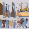 Traditional Handmade Musical Instruments and Art Supplies with Lutes Drums and Easel Tools