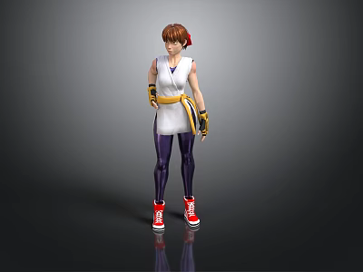 Woman wearing white top purple pants yellow belt wrist guards red sneakers and brown ponytail 3d model