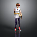 Woman wearing white top purple pants yellow belt wrist guards red sneakers and brown ponytail