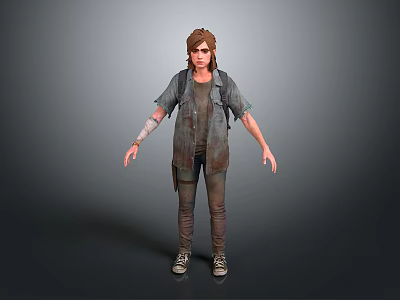 Game And Movie Character Wearing Tattered Jacket Worn Pants Backpack Arm Bandages And Sneakers 3d model