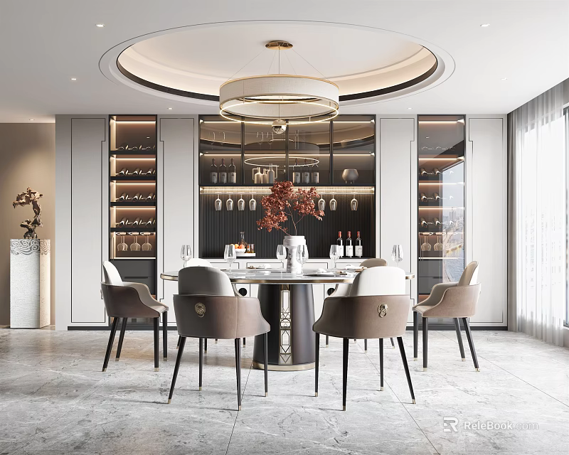 Elegant Modern Restaurant Interior Design With Round Chandelier Marble Dining Table And Wine Cabinets 3d model 