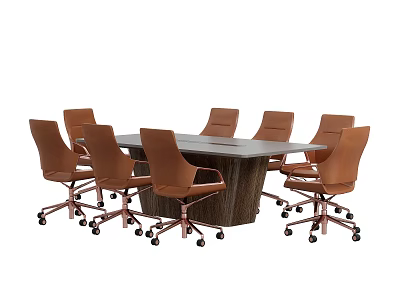 Modern Conference Table With Brown Rolling Chairs And Wooden Tabletop 3d model