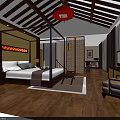 Traditional Chinese Hotel Guest Room With Wooden Ceiling Red Lantern And Four Poster Bed
