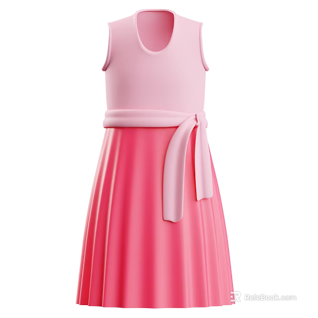Elegant Pink Sleeveless Dress With Waist Belt Bowknot And Pleated Skirt 3d model 