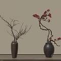 Two Bonsai Plants with Bare Branches and Red Flowers in Different Vases on Wooden Floor