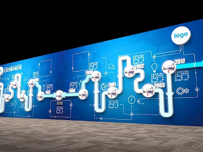 Activity Exhibition Wall With Blue Background Flowchart Icons Logo And Technical Diagrams 3d model