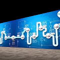 Activity Exhibition Wall With Blue Background Flowchart Icons Logo And Technical Diagrams