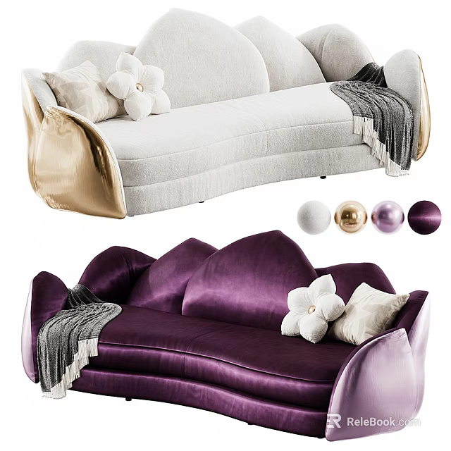 Modern Irregular Sofa in White and Purple with Flower Pillows Gray Throw and Decorative Balls 3d model 