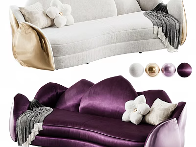 Modern Irregular Sofa in White and Purple with Flower Pillows Gray Throw and Decorative Balls 3d model