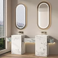 Modern Double Marble Bathroom Vanity With Oval Gold Frame Mirrors By Window 3d model