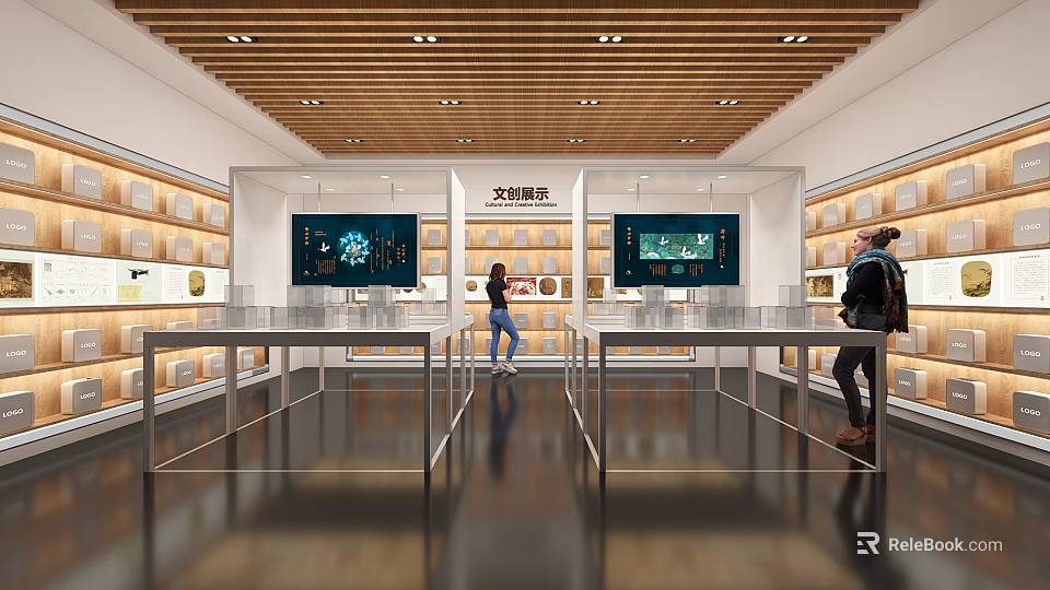 Cultural Exhibition Hall Featuring Glass Display Cases Cultural Relics And Digital Screens For Visitors 3d model 