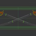 Two Crossed Swords With Golden Hilts On Wooden Textured Background