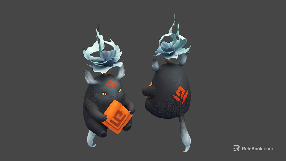 Black Cartoon Characters With Blue Flame Red Symbols White Ears Tails And Orange Square 3d model 