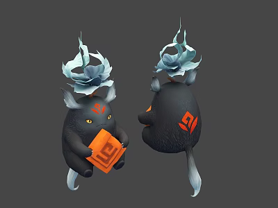 Black Cartoon Characters With Blue Flame Red Symbols White Ears Tails And Orange Square 3d model