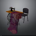 Sewing Machine On Orange Table With Purple Patterned Fabric And Gray Chair
