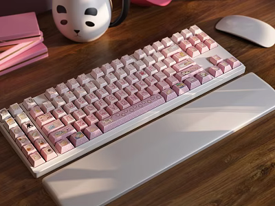 Cute Pink White Computer Keyboard With Wrist Rest And Mouse On Wooden Desk 3d model