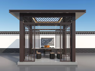 Traditional Chinese Wooden Pavilion with Carved Grilles Tea Table and White Wall Grey Tile 3d model