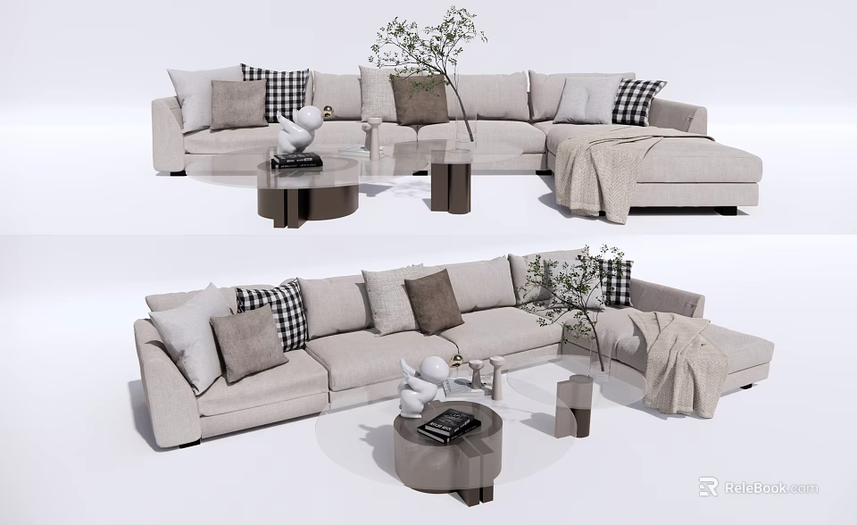 Cozy Light Gray Sectional Sofa With Checkered Cushions Coffee Table And Throw Blanket 3d model
