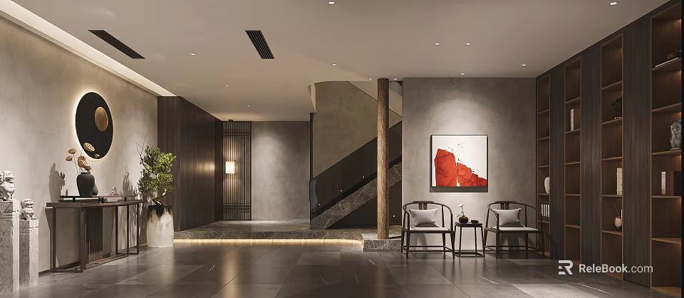 Modern Hotel Lobby Interior Design With Artwork Chairs Plant Staircase And Lighting 3d model 