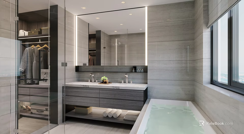 Modern Bathroom Interior Design With Large Mirror Vanity Bathtub Tile Walls Lighting And Towels 3d model 