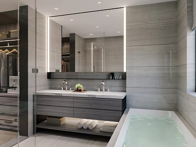 Modern Bathroom Interior Design With Large Mirror Vanity Bathtub Tile Walls Lighting And Towels 3d model