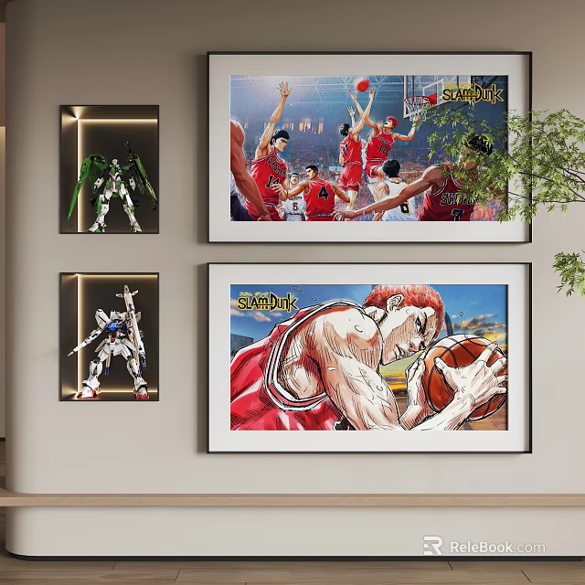 Abstract Paintings Featuring Robot And Basketball Player Themes Red Jersey Slam Dunk 3d model 