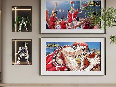 Abstract Paintings Featuring Robot And Basketball Player Themes Red Jersey Slam Dunk 3d model