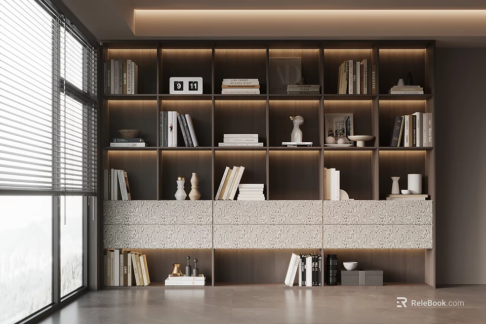 Modern Bookcase Interior Design With Shelves Books Vases Photo Frames And Storage Drawers 3d model 