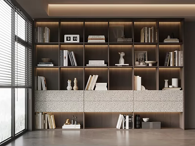 Modern Bookcase Interior Design With Shelves Books Vases Photo Frames And Storage Drawers 3d model
