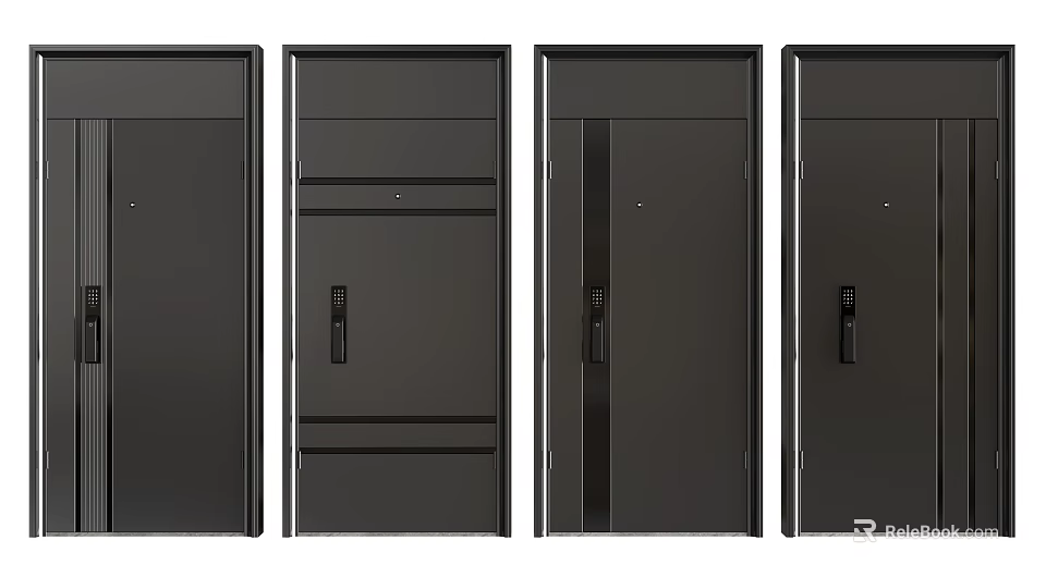Modern Black Security Doors With Different Panel Designs And Handles 3d model