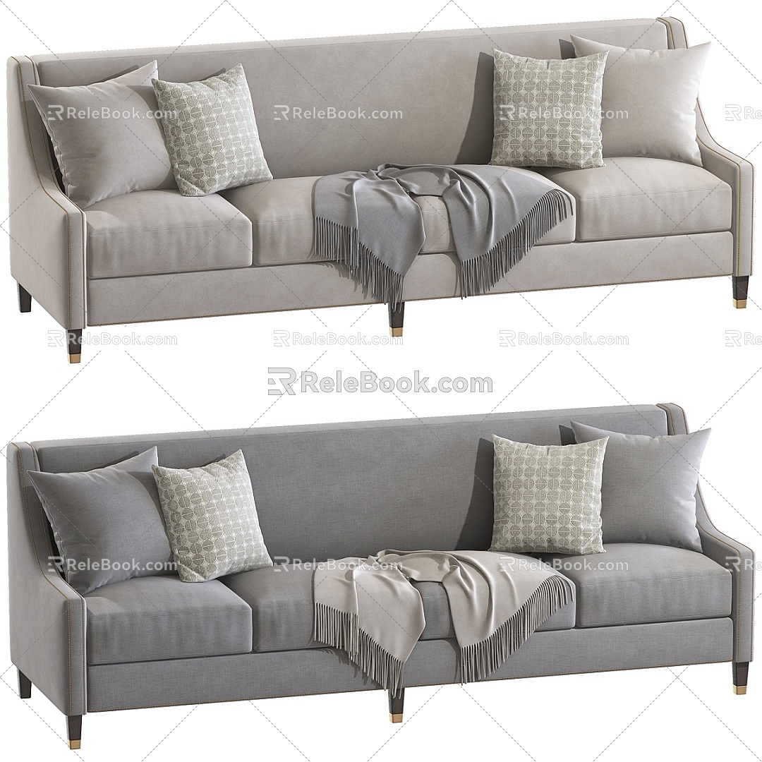 Grey fabric three-seat sofa 3d model