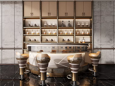 Sophisticated Bar Interior With Metal Bar Stools Marble Countertop And Glass Wine Cabinets 3d model