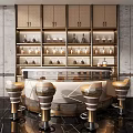 Sophisticated Bar Interior With Metal Bar Stools Marble Countertop And Glass Wine Cabinets
