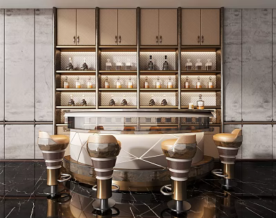 Sophisticated Bar Interior With Metal Bar Stools Marble Countertop And Glass Wine Cabinets 3d model