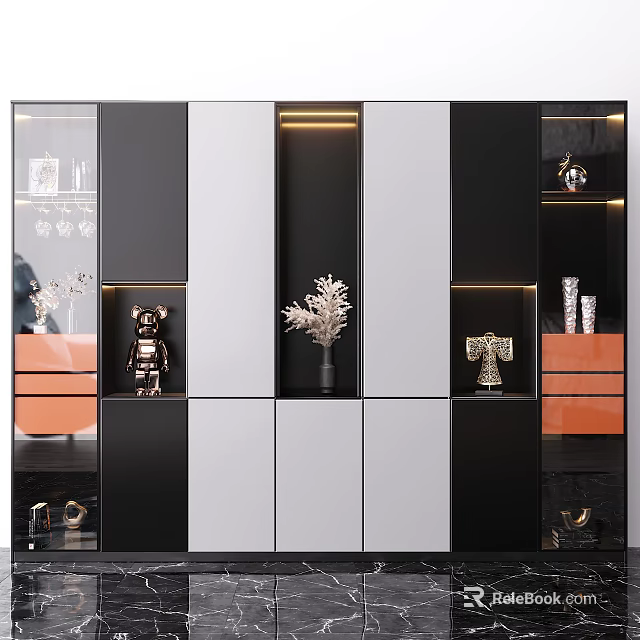Sleek Modern Storage Cabinet With Glass Doors Open Shelves And Decorative Items 3d model 
