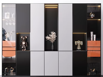 Sleek Modern Storage Cabinet With Glass Doors Open Shelves And Decorative Items 3d model