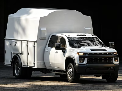 White Chevrolet Double Cab Truck With High Roof Cargo Box And Storage Compartments 3d model