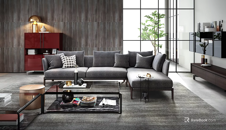 Modern Gray Sectional Sofa with Pillows Coffee Table Large Windows and Potted Plant 3d model
