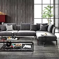 Modern Gray Sectional Sofa with Pillows Coffee Table Large Windows and Potted Plant 3d model